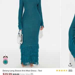 Fashion Nova Teal Fringe Long Sleeve Dress